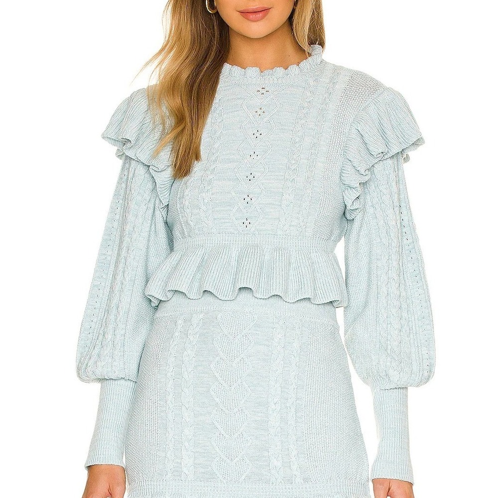 MAJORELLE Langley Cable Ruffle Sweater Small Blue Coquette Cottagecore Boho